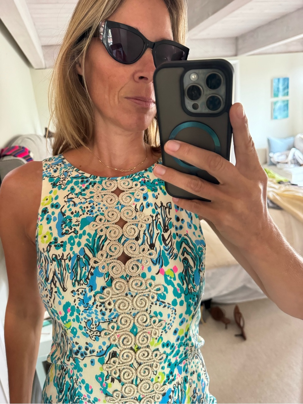 Lilly Pulitzer Teal, Cream & Yellow Floral Shift Dress - Picture 4 of 10